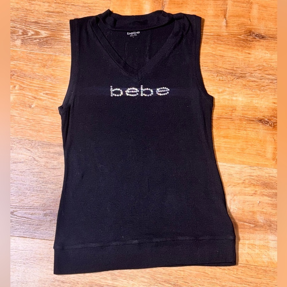 Bebe Black Tank Top with Embellished Logo